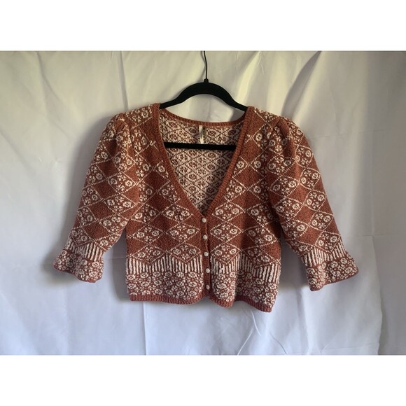 Free People Geo Floral Cardigan Sweater Top in Orchid Cinnamon Size M Cottage - Picture 1 of 8